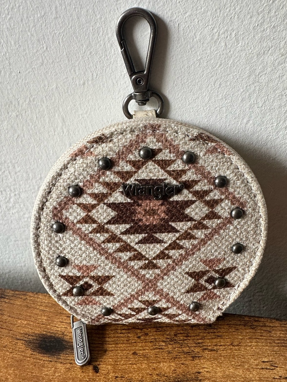 Wrangler Aztec Round Zip Pouch Keychain Bag Charm Beige & Brown w/ Silver Studs